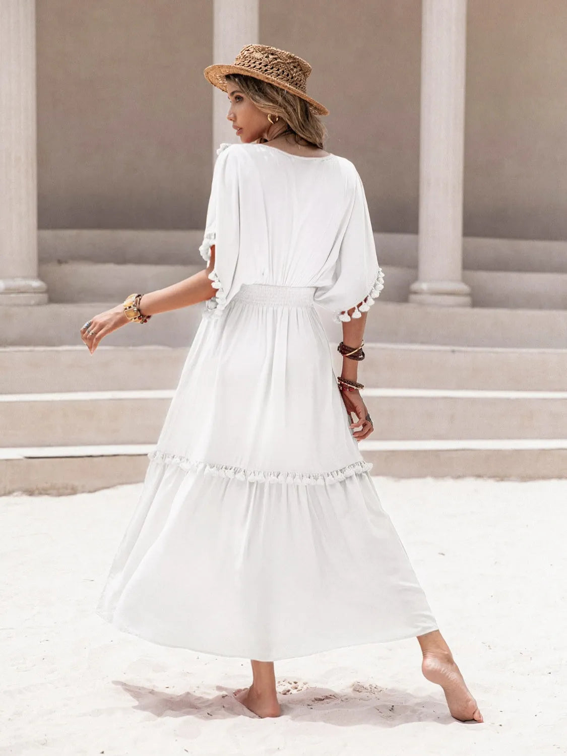 Tassel Trim Smocked V-Neck Short Sleeve Dress Casual Dresses - Tophatter Daily Deals