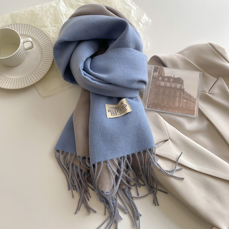 Warm Women Scarf - Reversible Fringed Cashmere Winter Blue - Tophatter Daily Deals