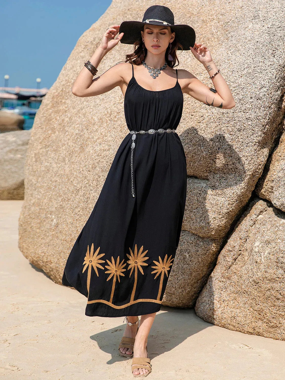 Embroidered Scoop Neck Midi Cami Dress Casual Dresses - Tophatter Daily Deals