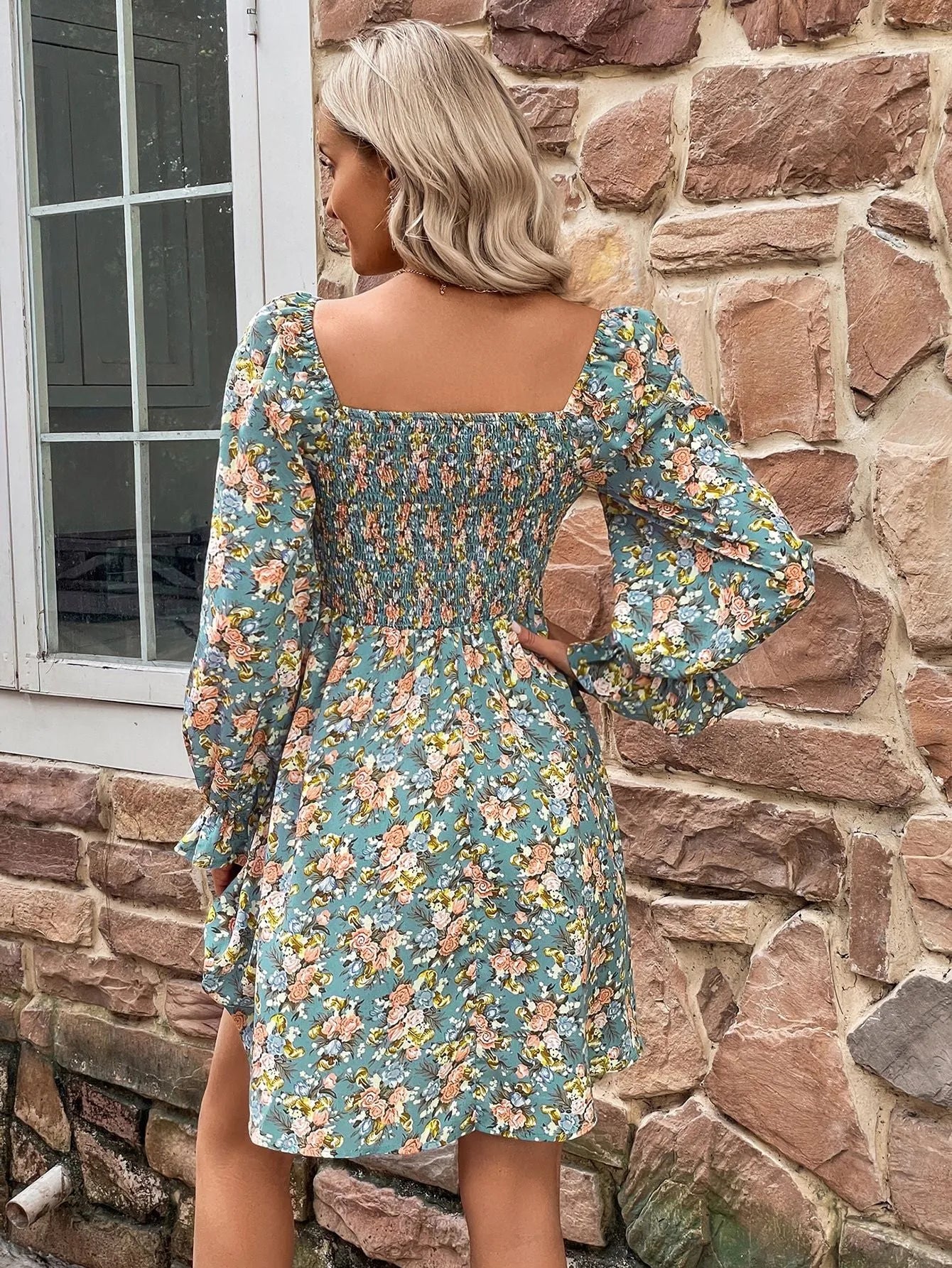 Floral Smocked Flounce Sleeve Square Neck Dress Casual Dresses - Tophatter Daily Deals