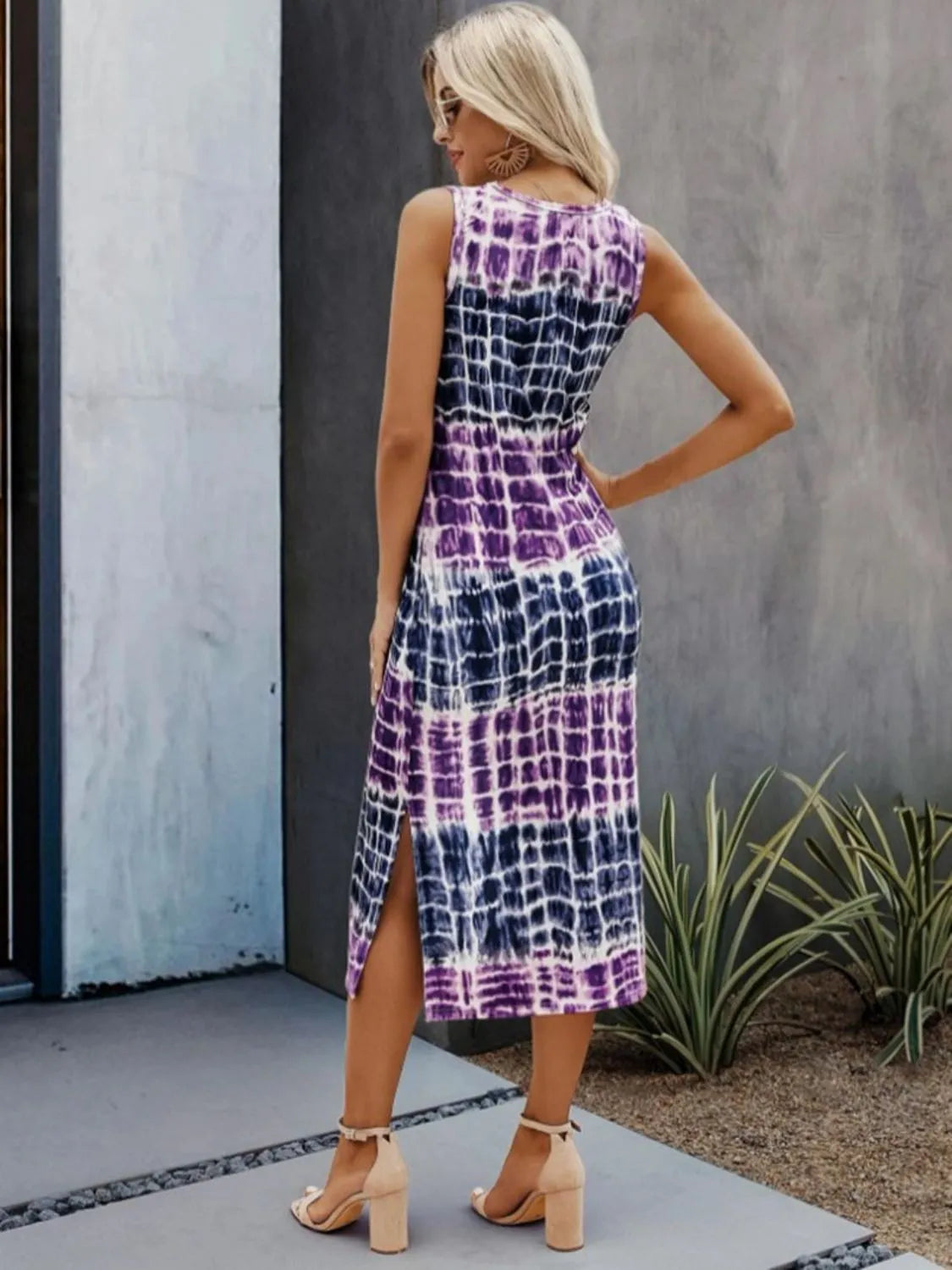 Slit Printed Round Neck Sleeveless Dress Casual Dresses - Tophatter Daily Deals