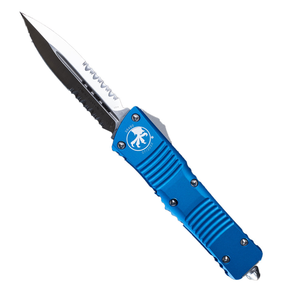 Microtech Combat Troodon - Partially Serrated Double Edge - Blue Chassis - 142-5BL Automatic Knives - Tophatter Daily Deals