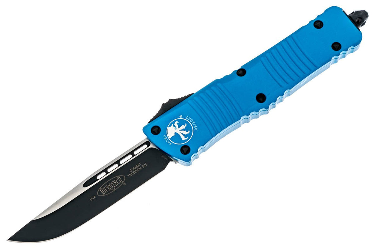 Microtech Combat Troodon - Plain Single Edge Black Blade - Blue Chassis - 143-1BL Automatic Knives - Tophatter Daily Deals