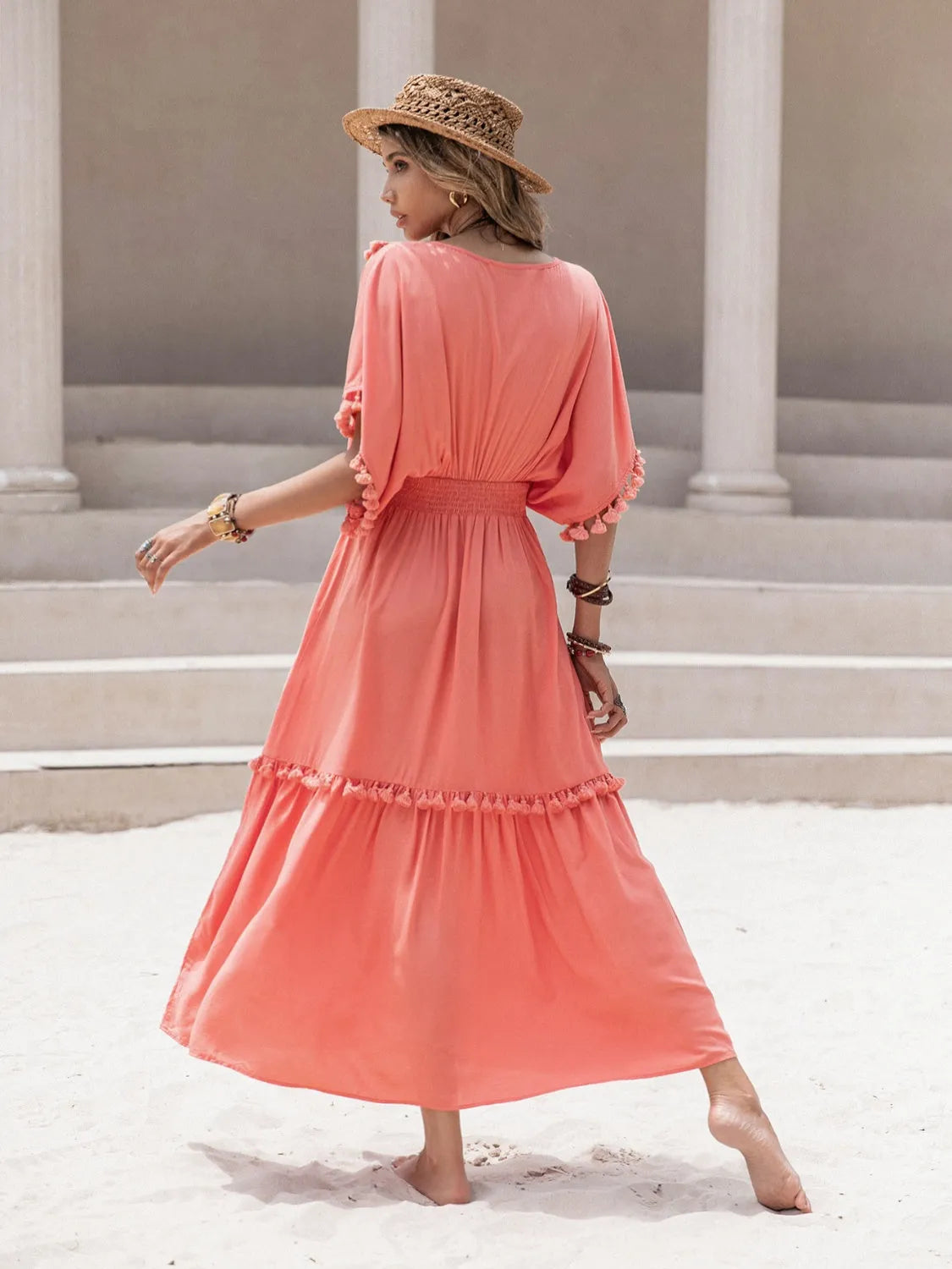 Tassel Trim Smocked V-Neck Short Sleeve Dress Casual Dresses - Tophatter Daily Deals