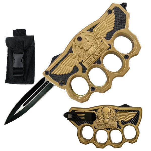 Biker USA Knuckle OTF Knife - Gold Handle - TOPHATTER'S ARMORY DEALS Collectible Weapons - Tophatter Daily Deals