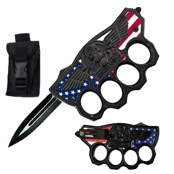 Biker USA Flag Knuckle OTF Knife - Tophatter's Guns'N'Weapons Store - FREE SHIPPING Collectible Weapons - Tophatter Daily Deals