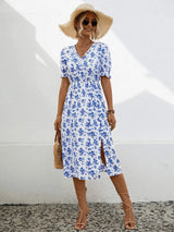 Slit Printed V-Neck Short Sleeve Dress White Casual Dresses - Tophatter Daily Deals