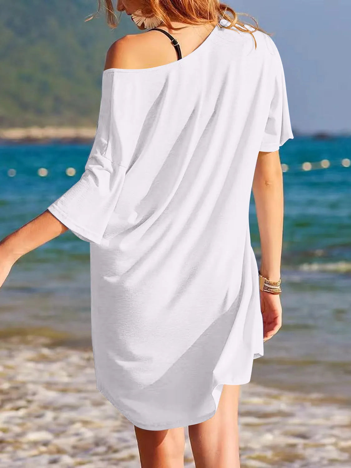 Pocketed V-Neck Short Sleeve Tee Dress White Casual Dresses - Tophatter Daily Deals