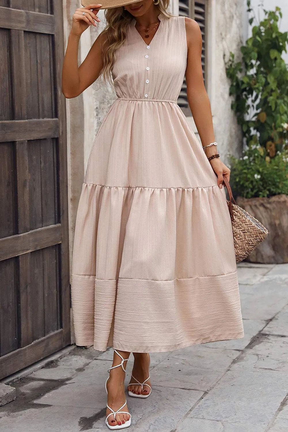 Decorative Button Notched Tiered Dress Casual Dresses - Tophatter Daily Deals