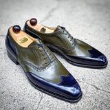 British style carved lace Goodyear breathable high-end men's shoes Blue green 0 - Tophatter Daily Deals