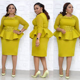 Beaded Sleeve Commuter Plus Size Dress Stitching Yellow 0 - Tophatter Daily Deals