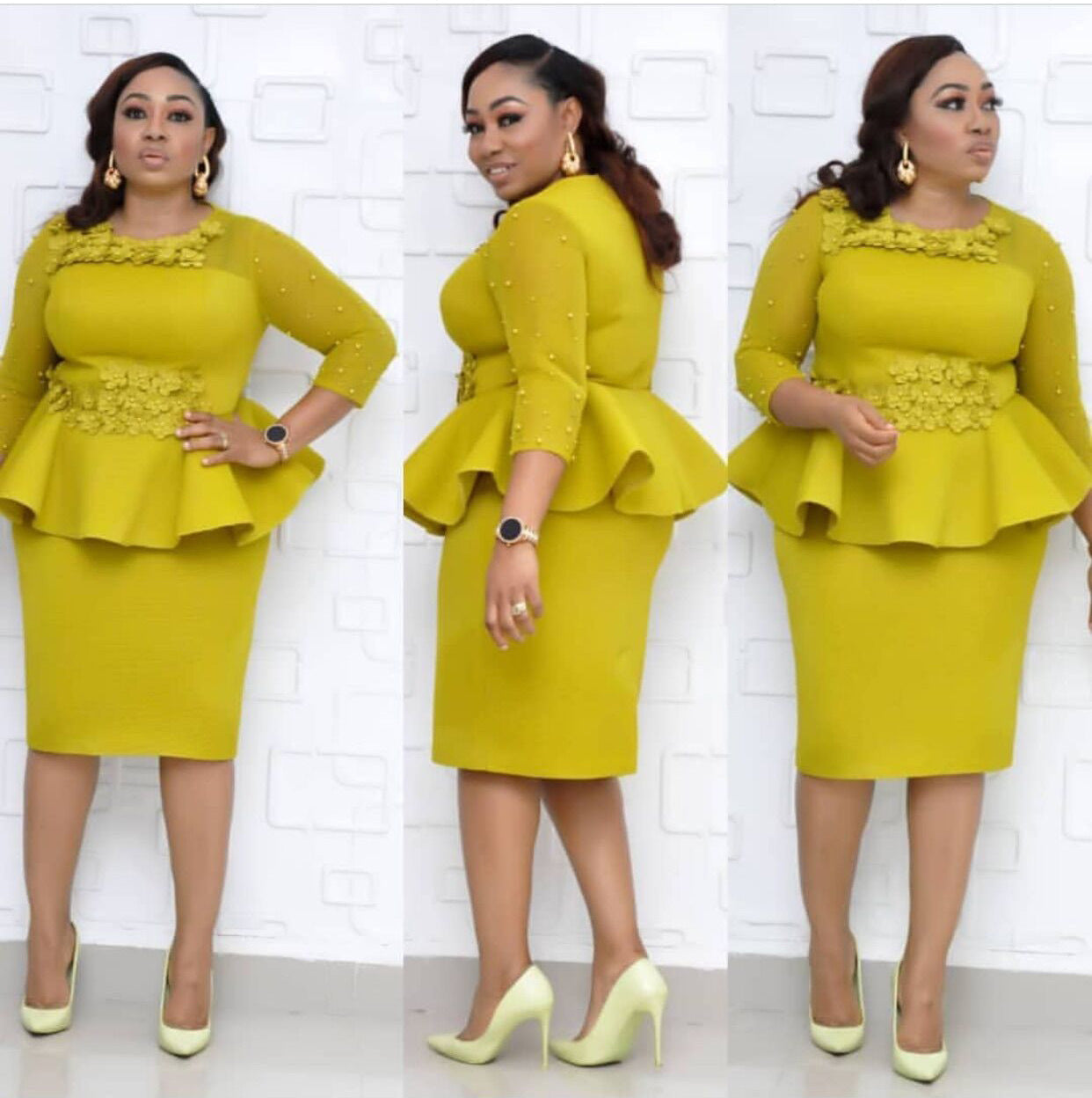 Beaded Sleeve Commuter Plus Size Dress Stitching Yellow 0 - Tophatter Daily Deals