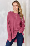 Basic Bae Full Size Ribbed Half Button Long Sleeve High-Low T-Shirt Hot Pink Women's T-Shirts - Tophatter Daily Deals