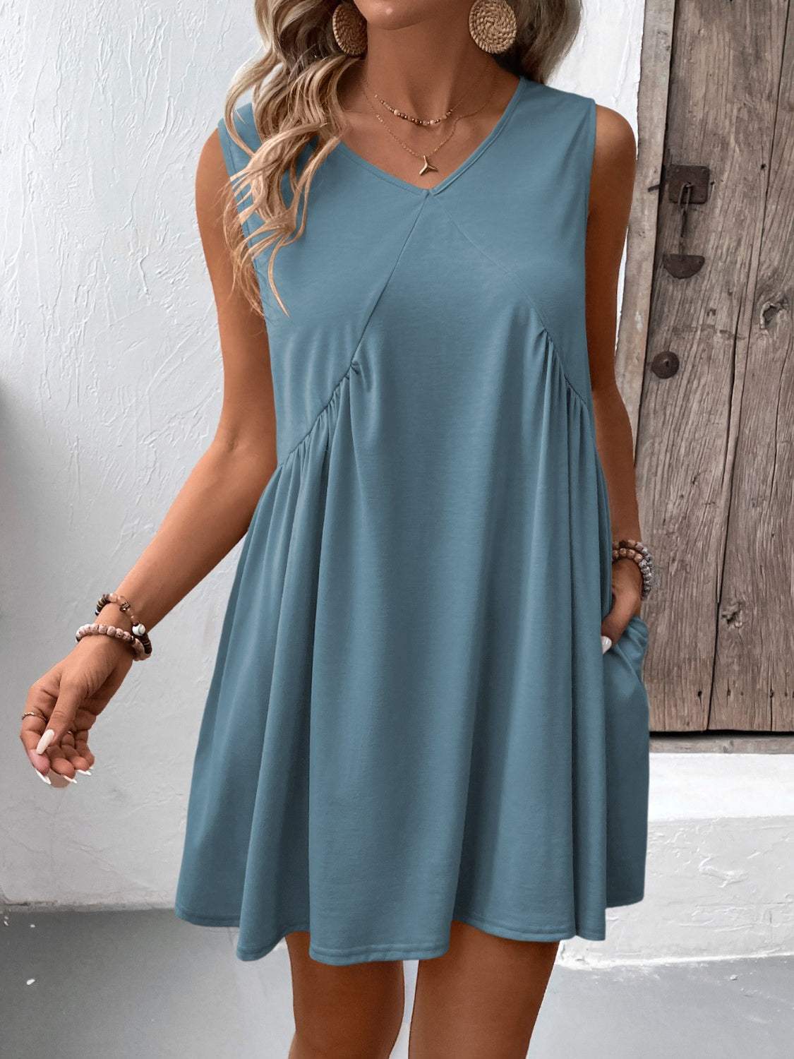 Ruched V-Neck Sleeveless Mini Dress Casual Dresses - Tophatter Daily Deals