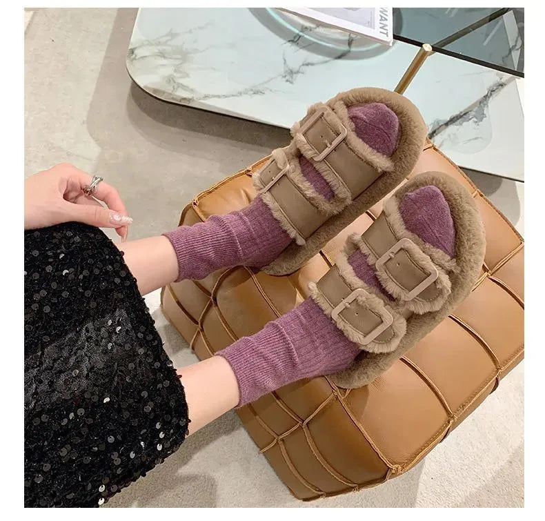 Women's Fashion All-match Furry Fleece-lined Belt Buckle Cotton Slippers Humidifier - Tophatter Daily Deals