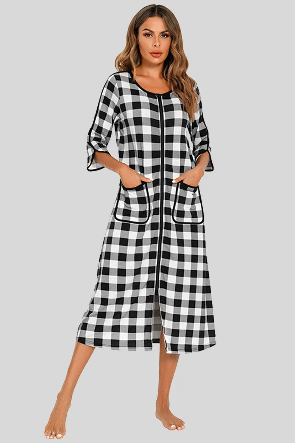 Round Neck Three-Quarter Sleeve Midi Night Dress Sleep Dresses - Tophatter Daily Deals