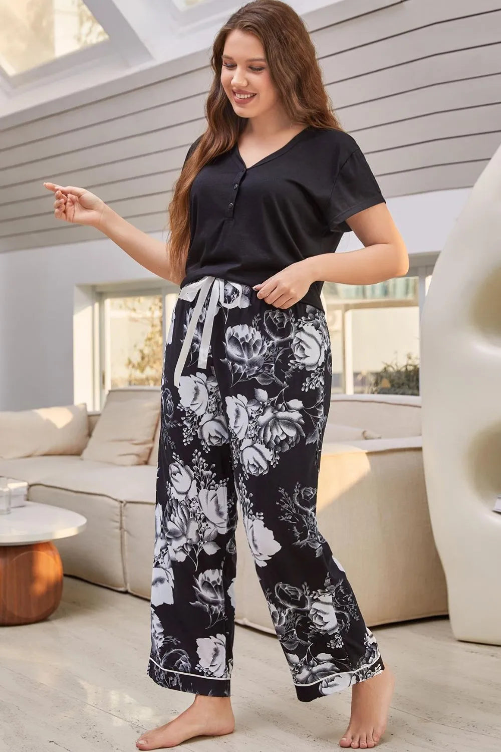 Full Size V-Neck Top and Floral Pants Lounge Set Loungewear Sets - Tophatter Daily Deals