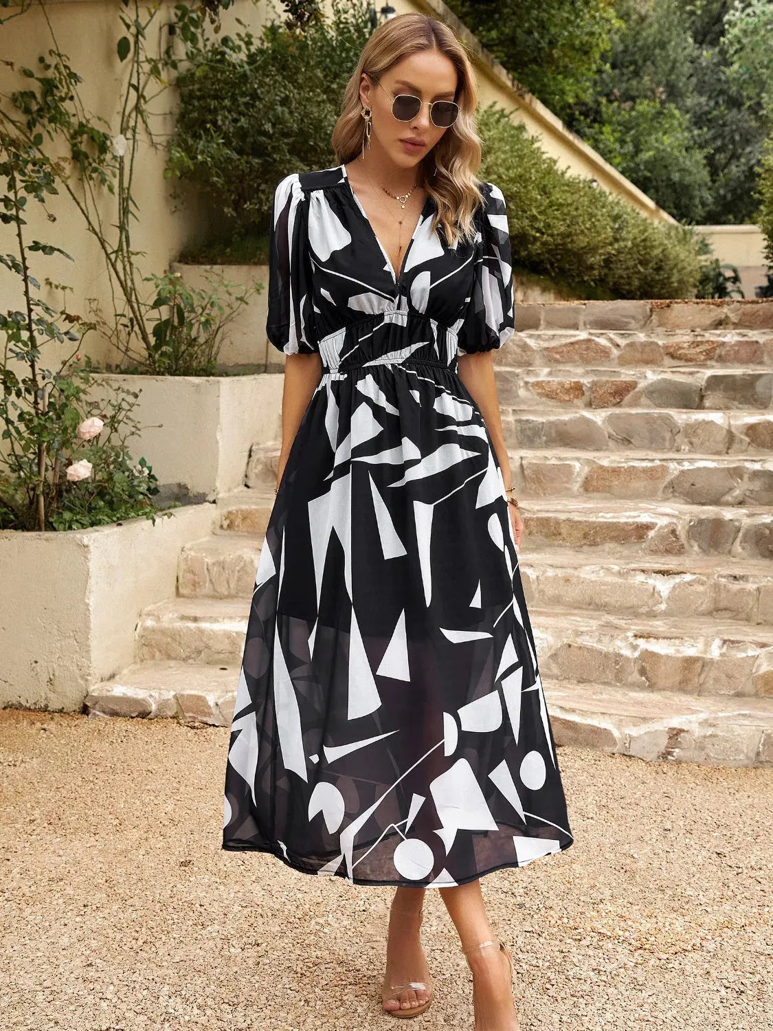 Devine Smocked Printed V-Neck Half Sleeve Midi Dress Black Casual Dresses - Tophatter Daily Deals