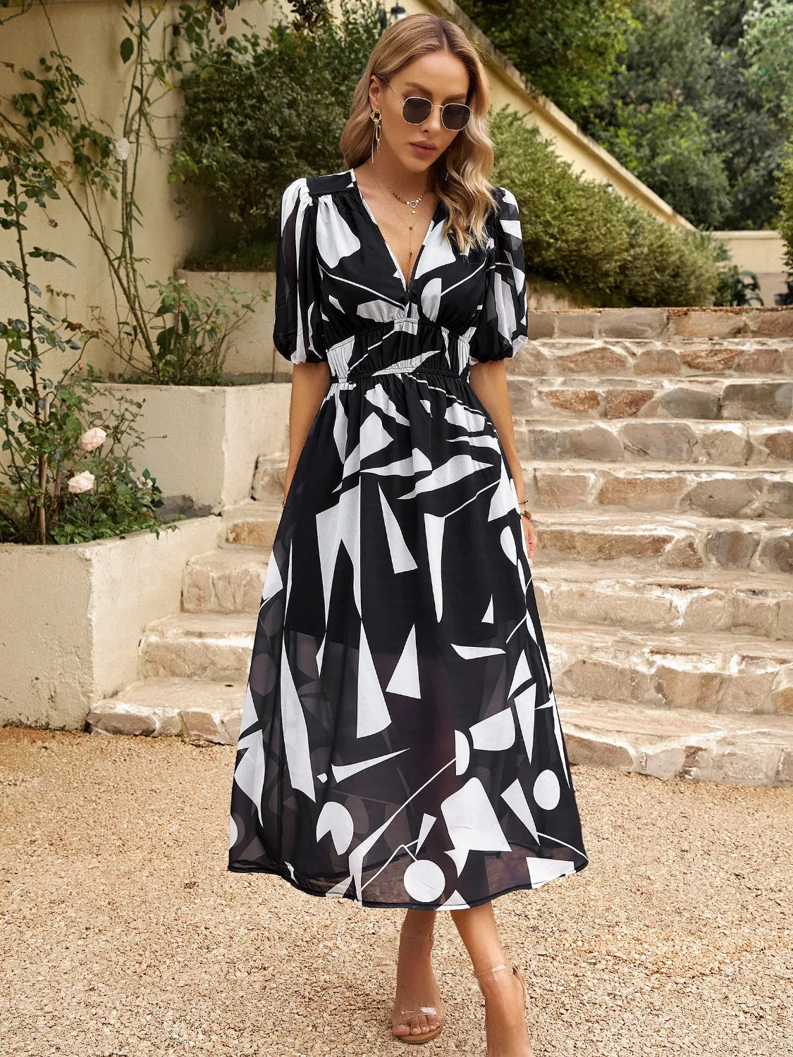 Devine Smocked Printed V-Neck Half Sleeve Midi Dress Casual Dresses - Tophatter Daily Deals