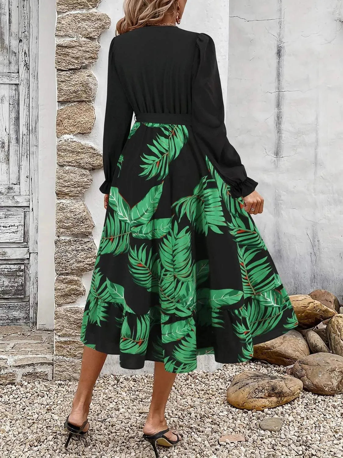 Tied Ruffled Printed Long Sleeve Dress Casual Dresses - Tophatter Daily Deals