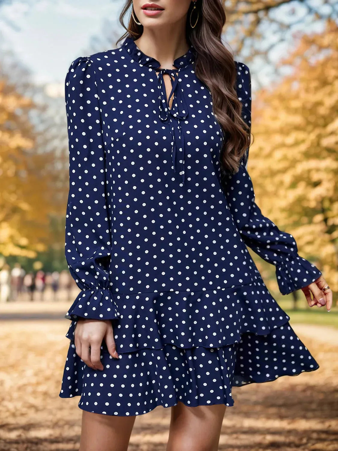 Layered Polka Dot Flounce Sleeve Mini Dress Navy Casual Dresses - Tophatter Daily Deals