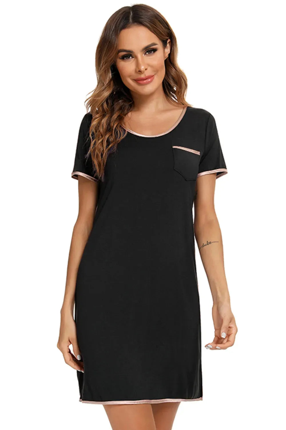 Contrast Trim Pocketed Round Neck Lounge Dress Sleep Dresses - Tophatter Daily Deals