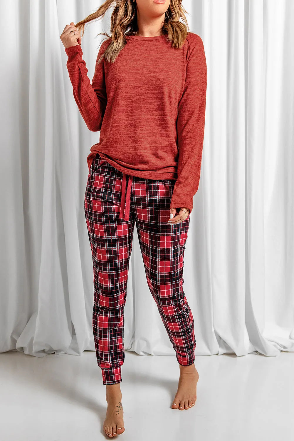 Round Neck Top and Drawstring Plaid Pants Lounge Set Deep Red Loungewear Sets - Tophatter Daily Deals