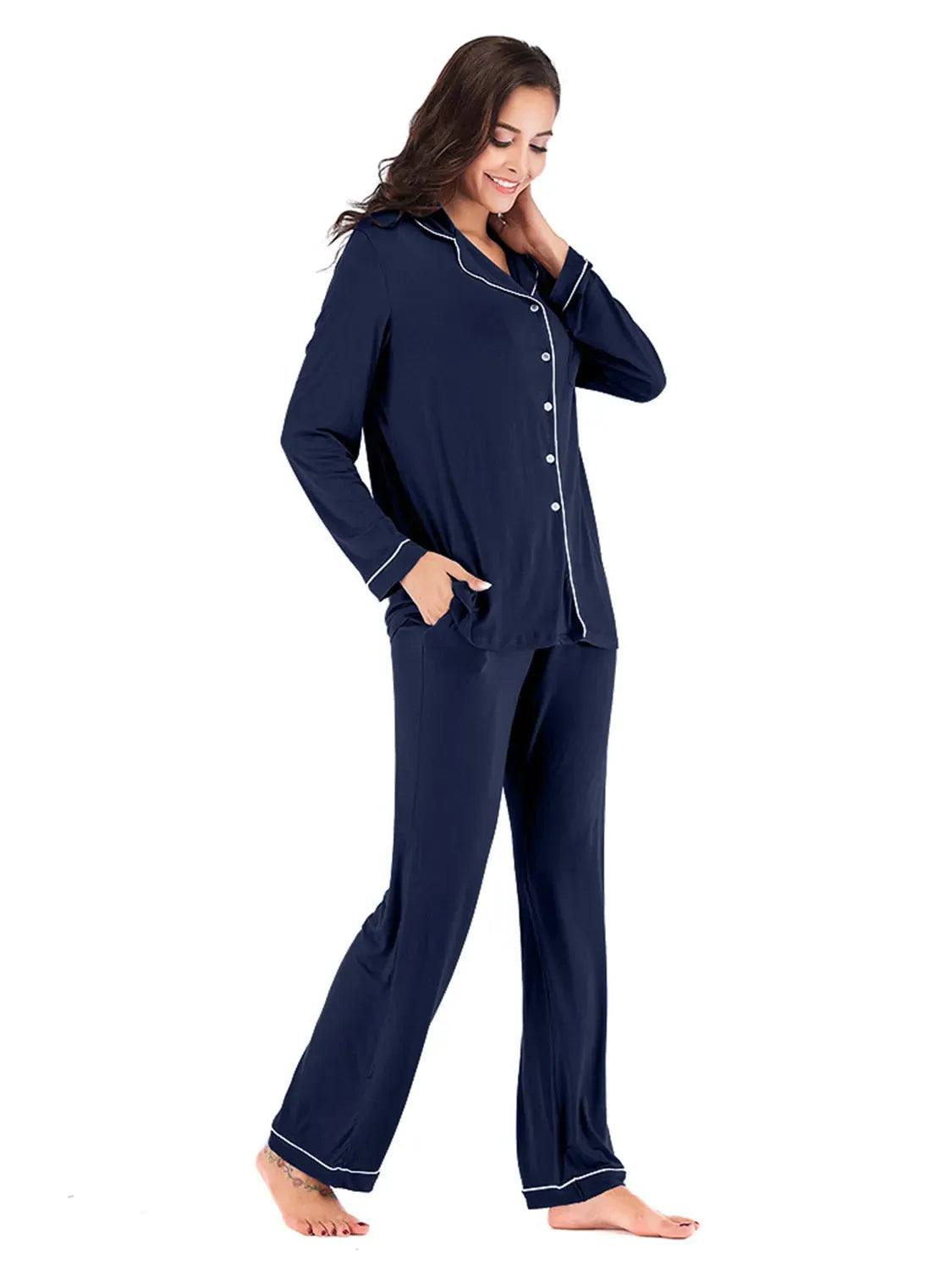 Collared Neck Long Sleeve Loungewear Set with Pockets Loungewear Sets - Tophatter Daily Deals
