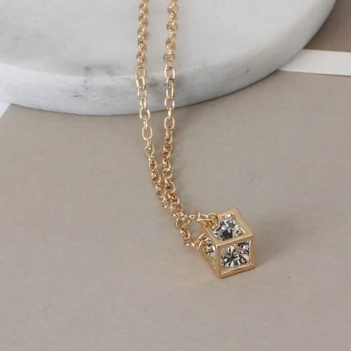 14K Gold Love Cube Three-Dimensional Diamond Shape Necklace Cz Pendant Gold Necklaces - Tophatter Daily Deals
