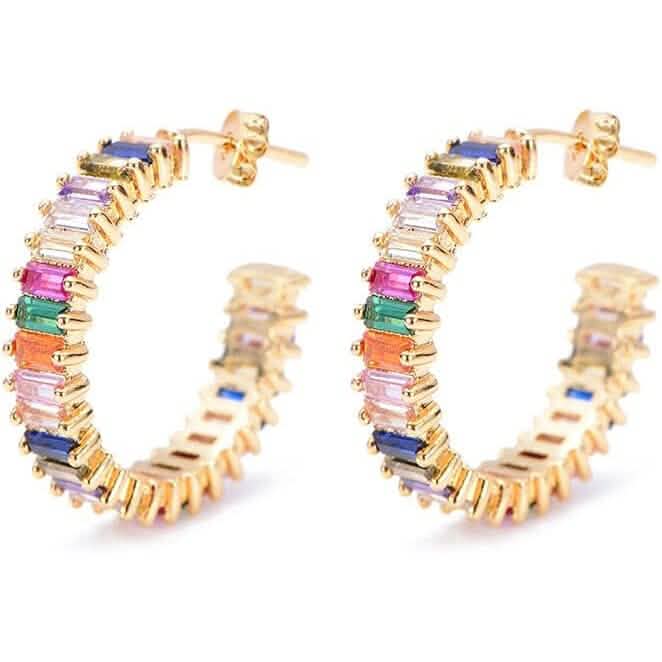 14K Gold Plated Cubic Zirconia Multicolor Rainbow Round Hoop Stud Earrings Gold Earrings - Tophatter Daily Deals