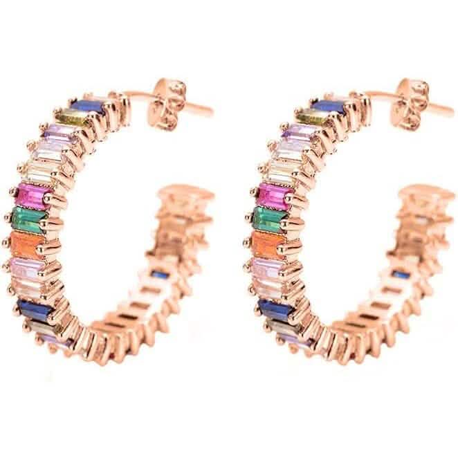 14K Gold Plated Cubic Zirconia Multicolor Rainbow Round Hoop Stud Earrings Rose Gold Earrings - Tophatter Daily Deals