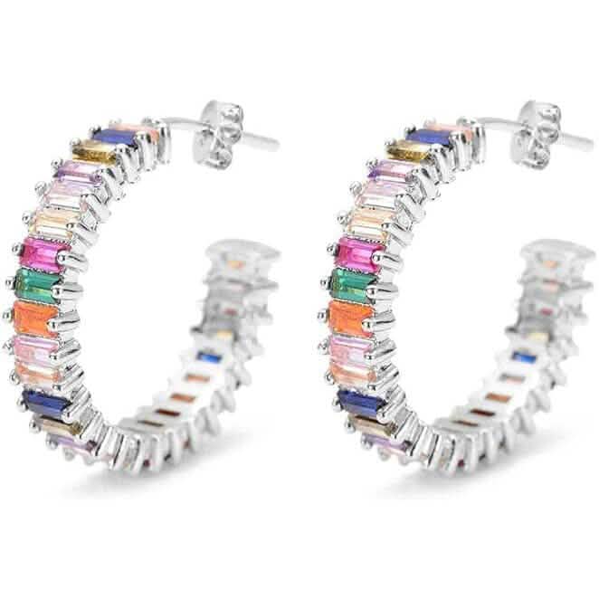 14K Gold Plated Cubic Zirconia Multicolor Rainbow Round Hoop Stud Earrings White Gold Earrings - Tophatter Daily Deals