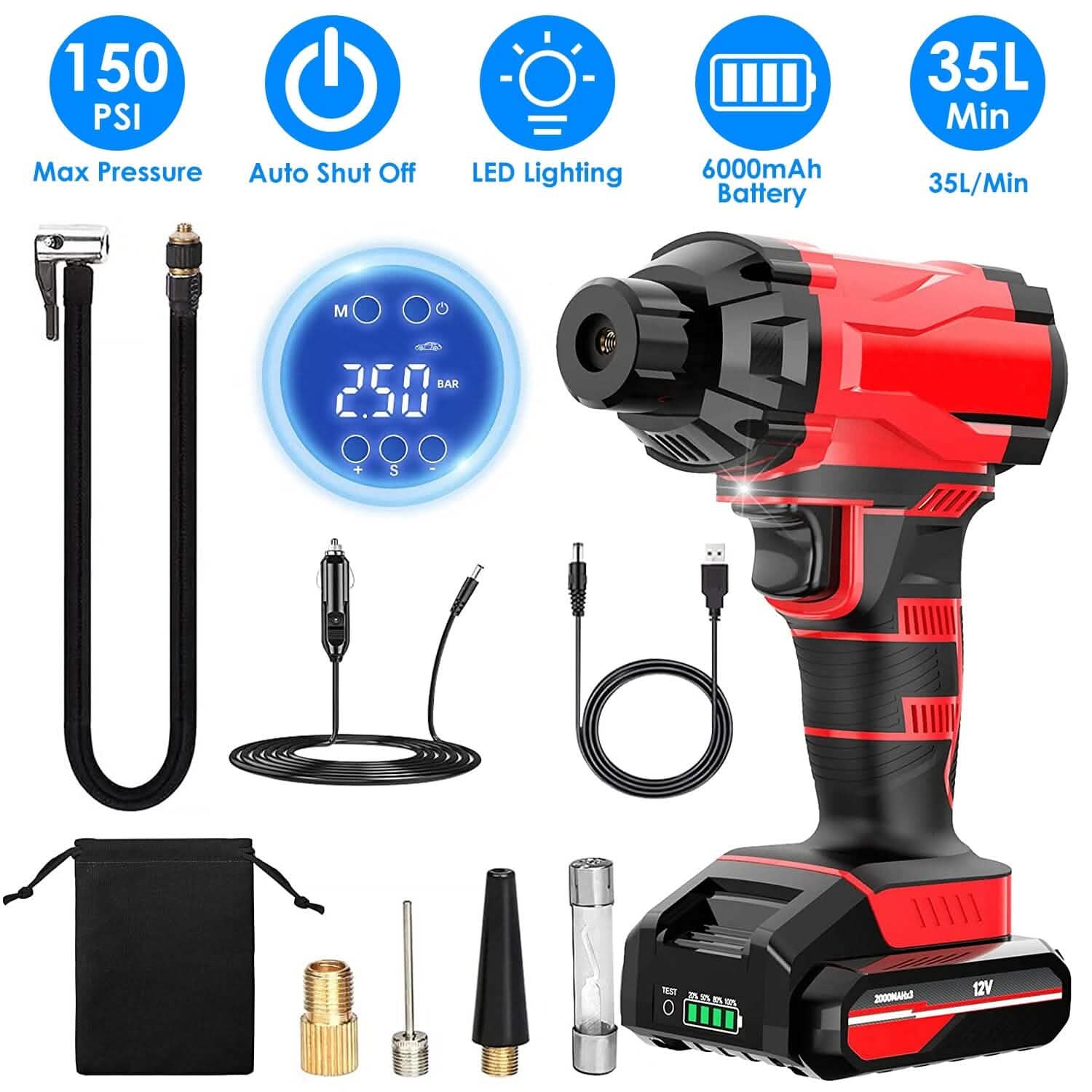 150 PSI 12V Portable Cordless Tire Pump 6000mAh Rechargeable with LED Light Automotive - Tophatter Daily Deals