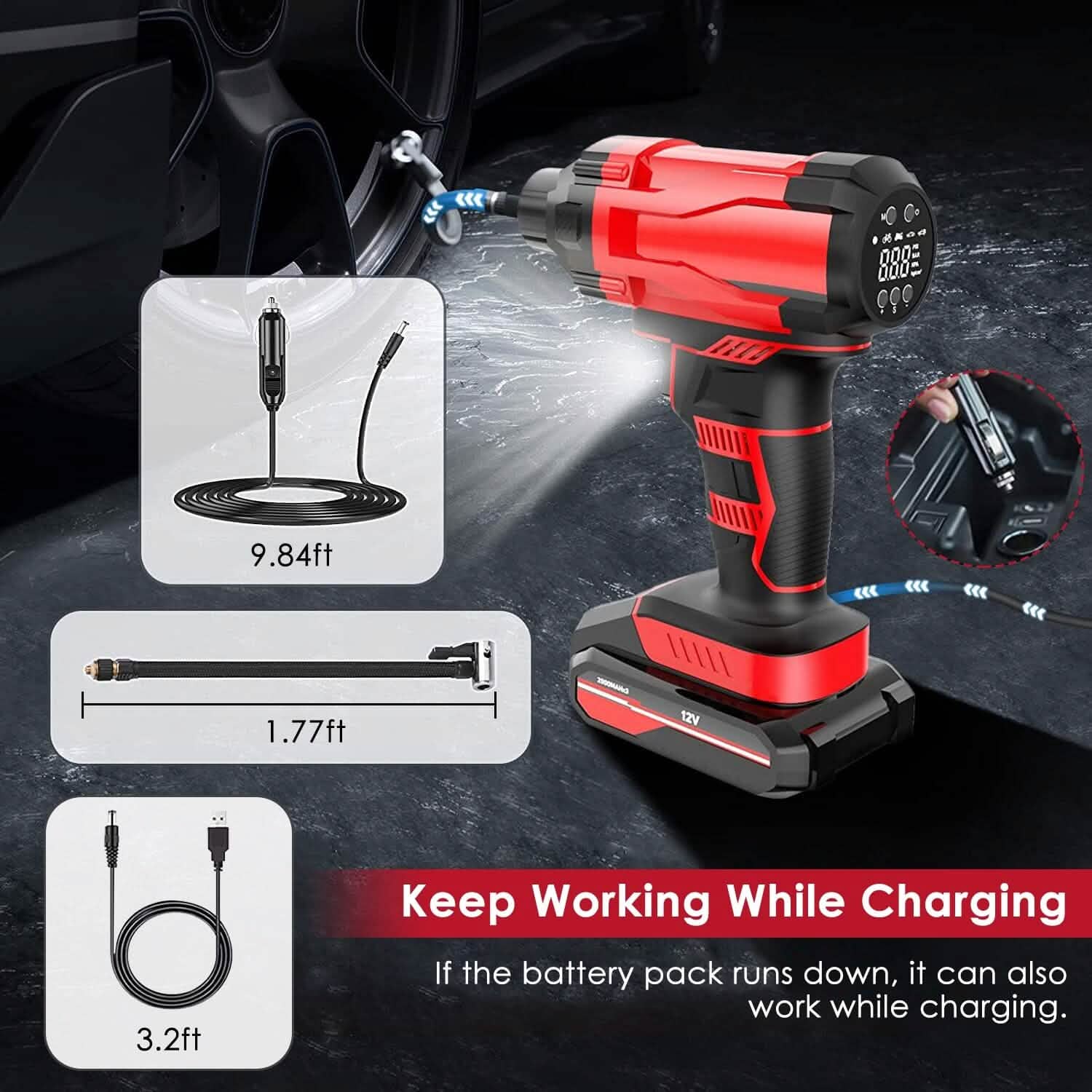 150 PSI 12V Portable Cordless Tire Pump 6000mAh Rechargeable with LED Light Automotive - Tophatter Daily Deals
