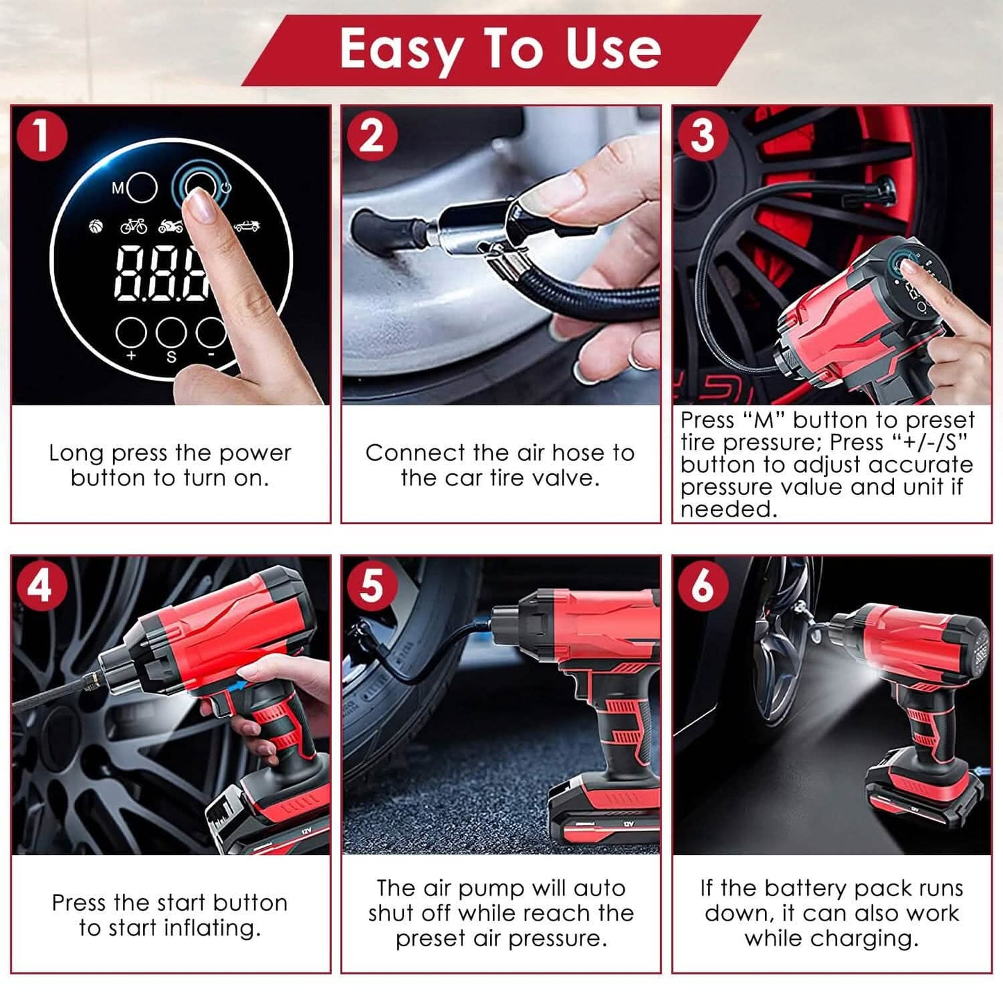 150 PSI 12V Portable Cordless Tire Pump 6000mAh Rechargeable with LED Light Automotive - Tophatter Daily Deals