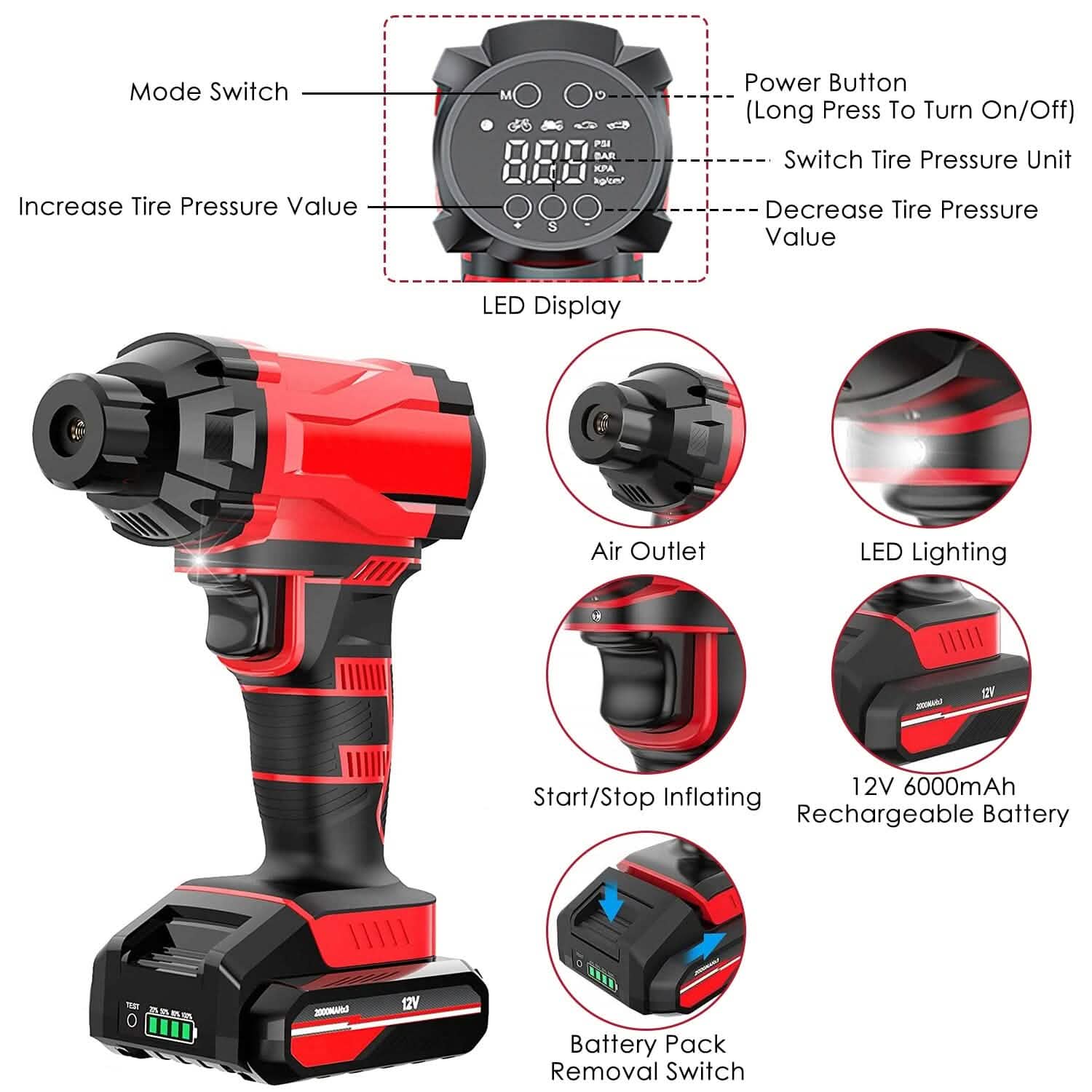 150 PSI 12V Portable Cordless Tire Pump 6000mAh Rechargeable with LED Light Automotive - Tophatter Daily Deals