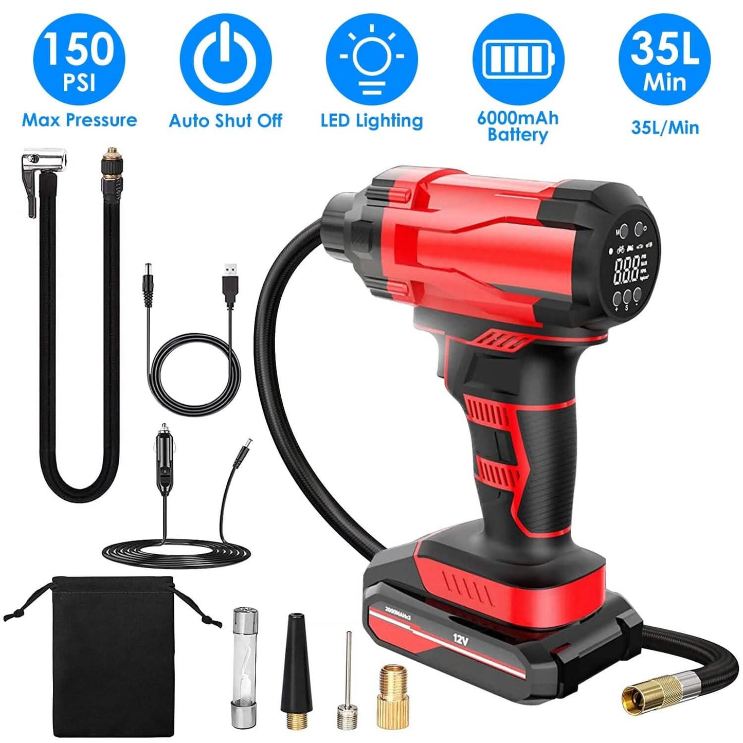 150 PSI 12V Portable Cordless Tire Pump 6000mAh Rechargeable with LED Light Automotive - Tophatter Daily Deals
