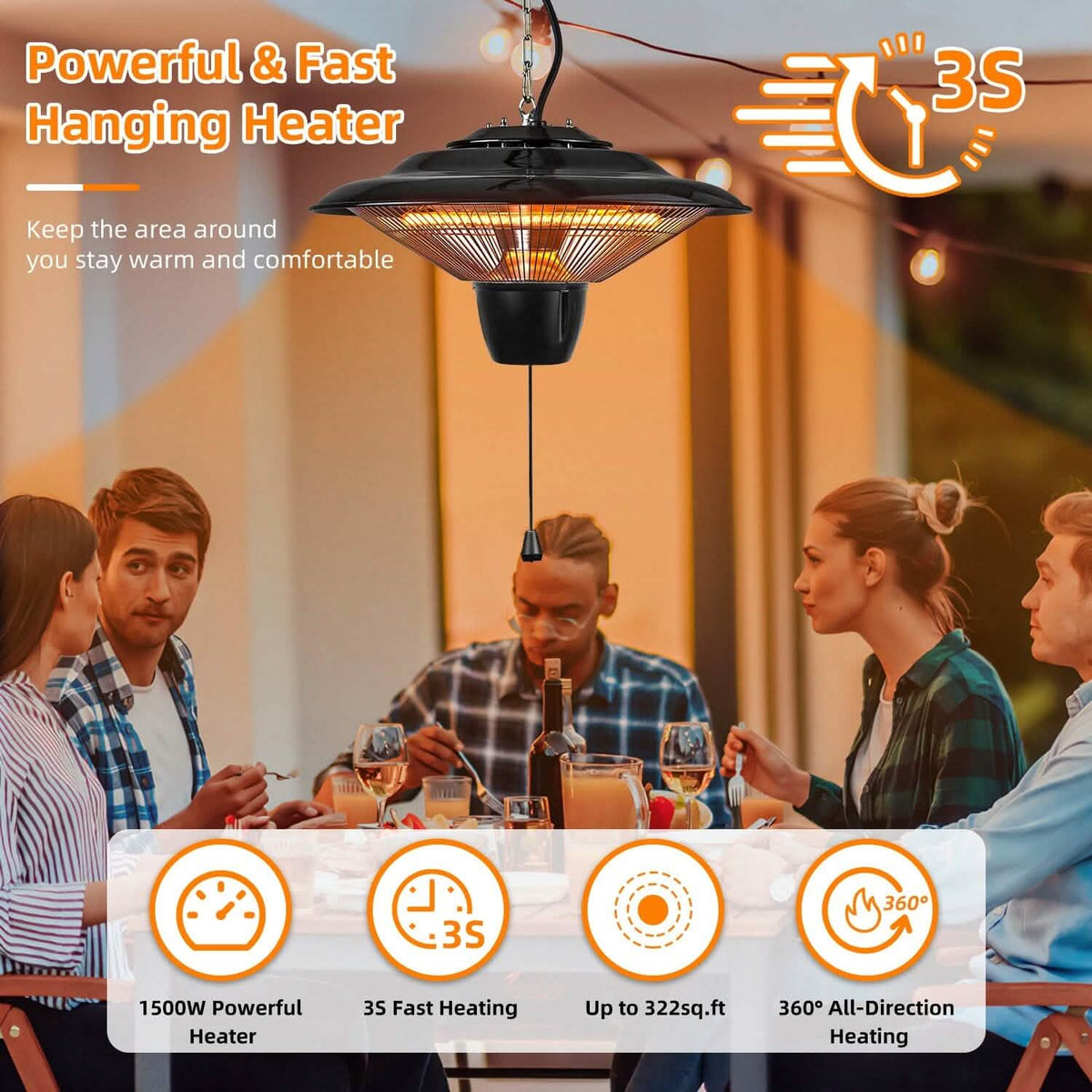 1500W Outdoor Hanging Patio Ultra-Quiet Electric Heating Lamp Garden & Patio - Tophatter Daily Deals