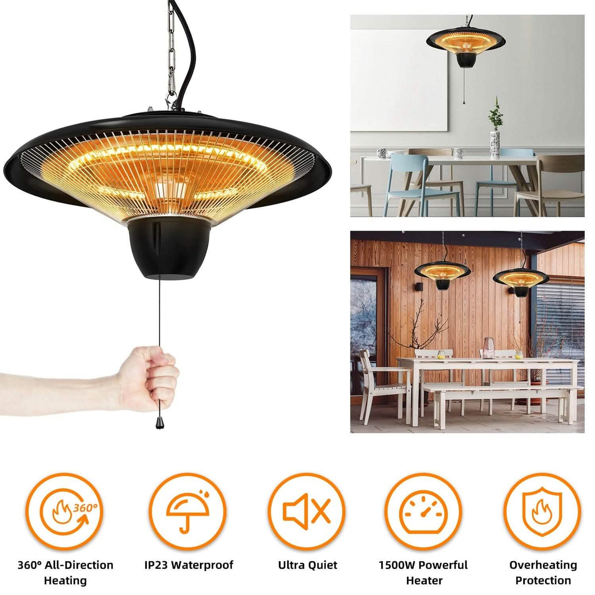 1500W Outdoor Hanging Patio Ultra-Quiet Electric Heating Lamp Garden & Patio - Tophatter Daily Deals