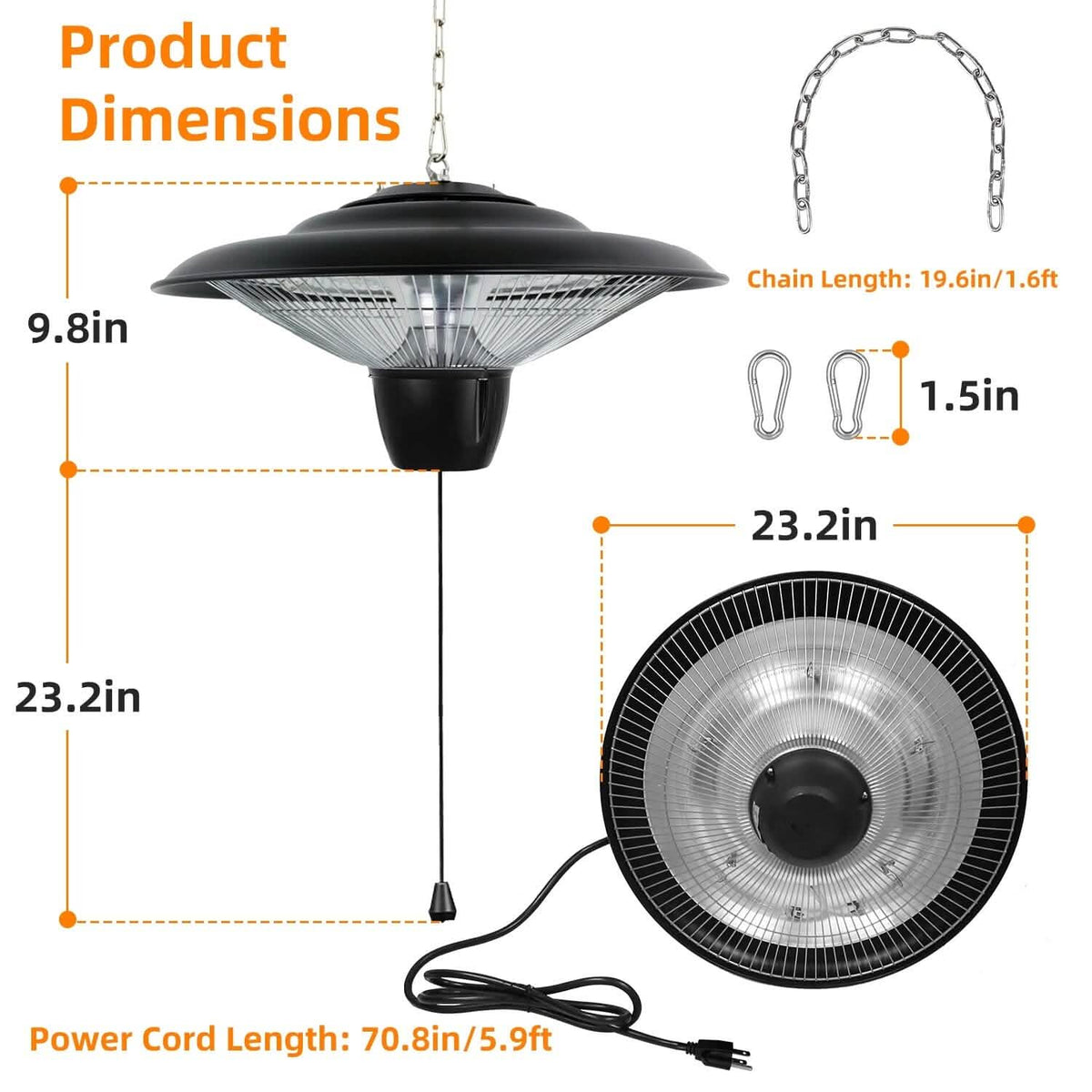 1500W Outdoor Hanging Patio Ultra-Quiet Electric Heating Lamp Garden & Patio - Tophatter Daily Deals