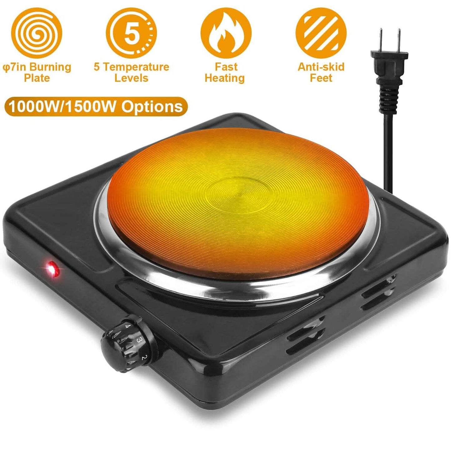 1500W Portable Heating Hot Plate Stove Countertop with Non Slip Rubber Kitchen Appliances - Tophatter Daily Deals