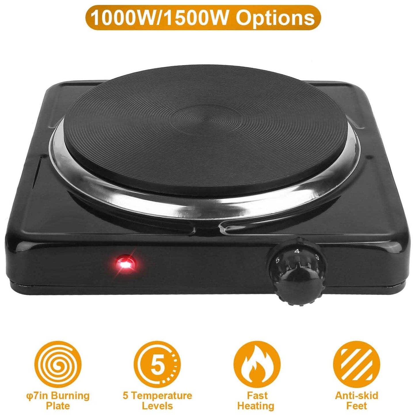 1500W Portable Heating Hot Plate Stove Countertop with Non Slip Rubber Kitchen Appliances - Tophatter Daily Deals