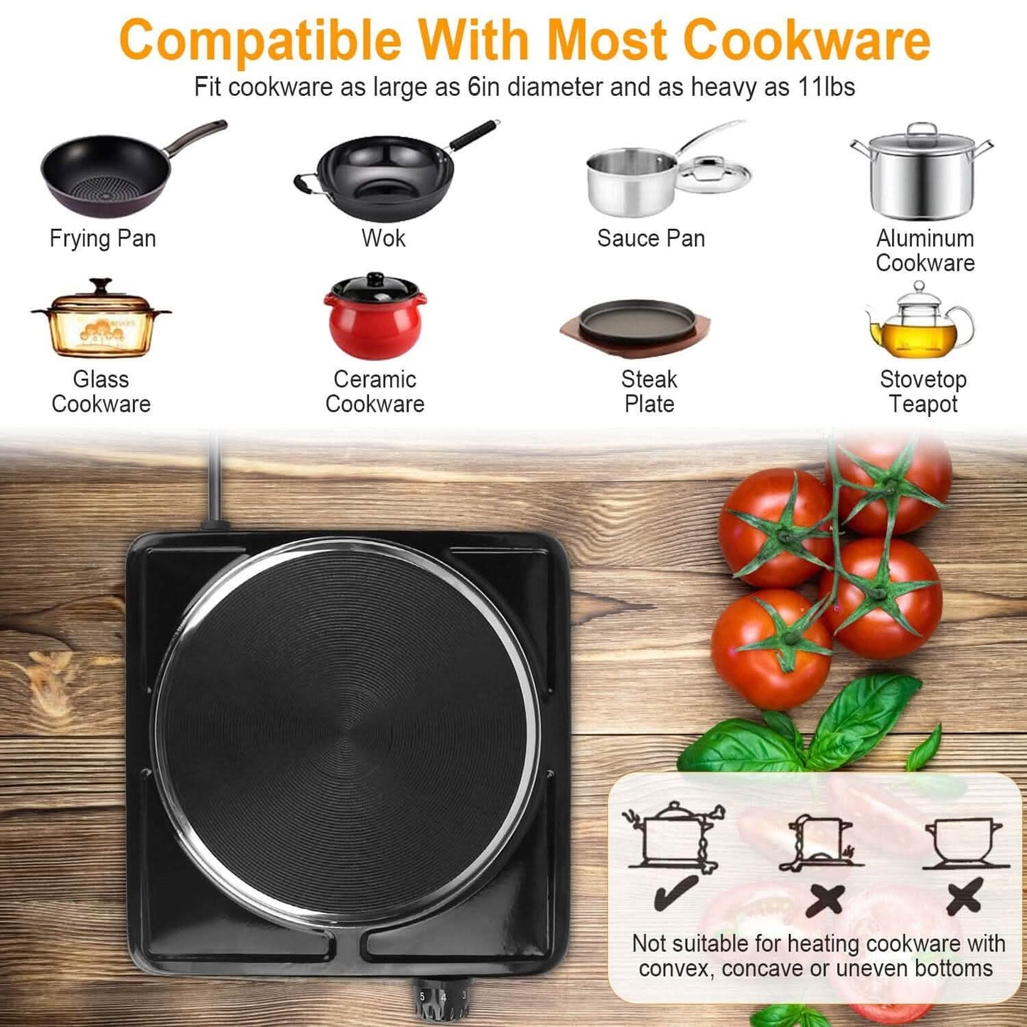 1500W Portable Heating Hot Plate Stove Countertop with Non Slip Rubber Kitchen Appliances - Tophatter Daily Deals
