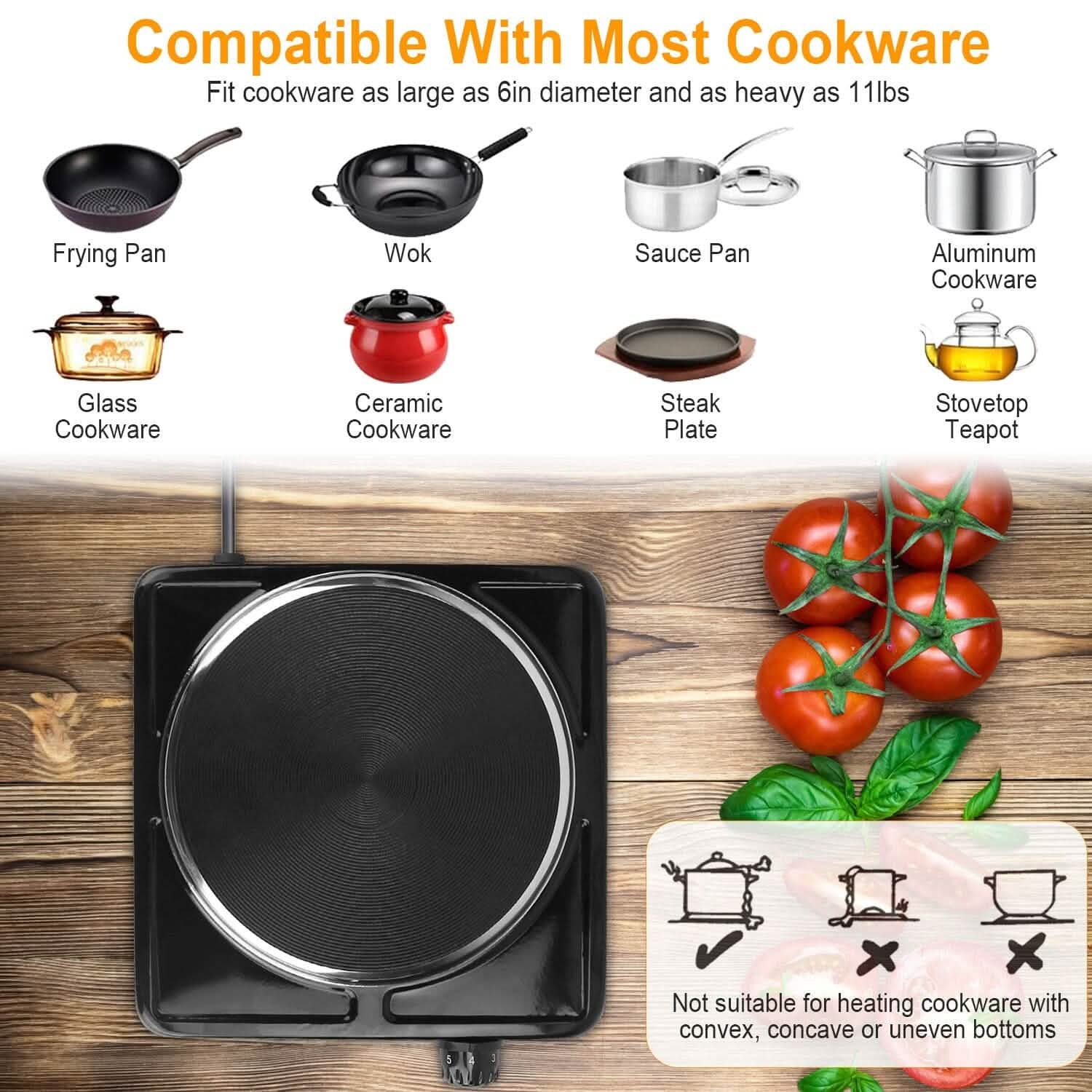1500W Portable Heating Hot Plate Stove Countertop with Non Slip Rubber Kitchen Appliances - Tophatter Daily Deals