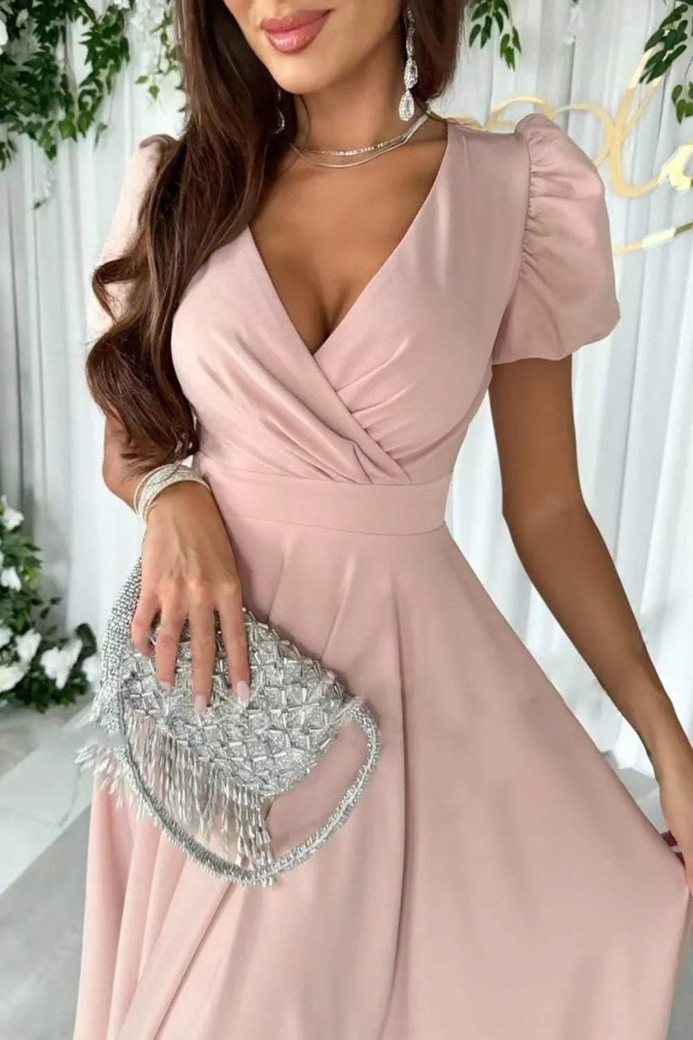 Surplice Puff Sleeve Midi Dress Casual Dresses - Tophatter Daily Deals