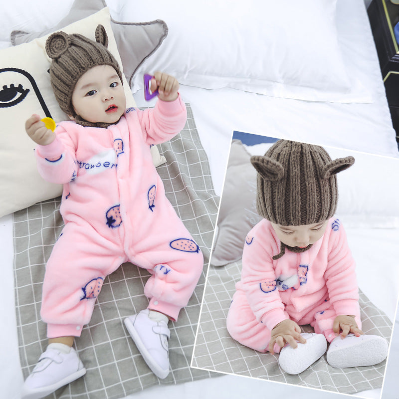 Autumn and winter flannel fleece warmth one-piece romper Strawberry 0 - Tophatter Daily Deals