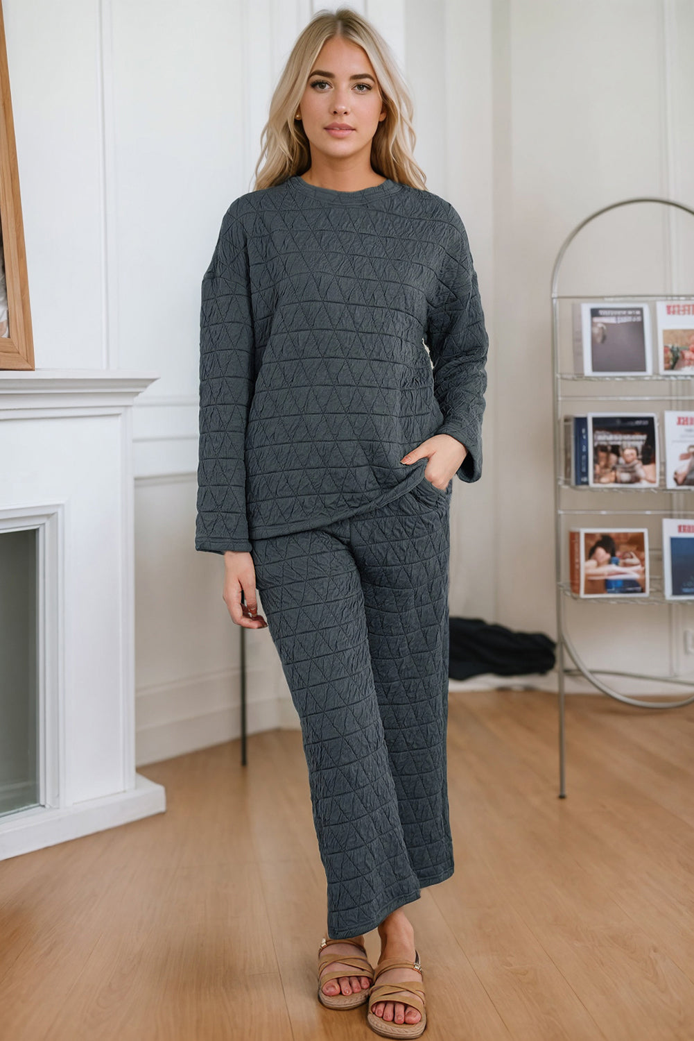 Round Neck Top and Pocketed  Pants Lounge Set - Tophatter Deals and Online Shopping - Electronics, Jewelry, Beauty, Health, Gadgets, Fashion - Tophatter's Discounts & Offers - tophatters
