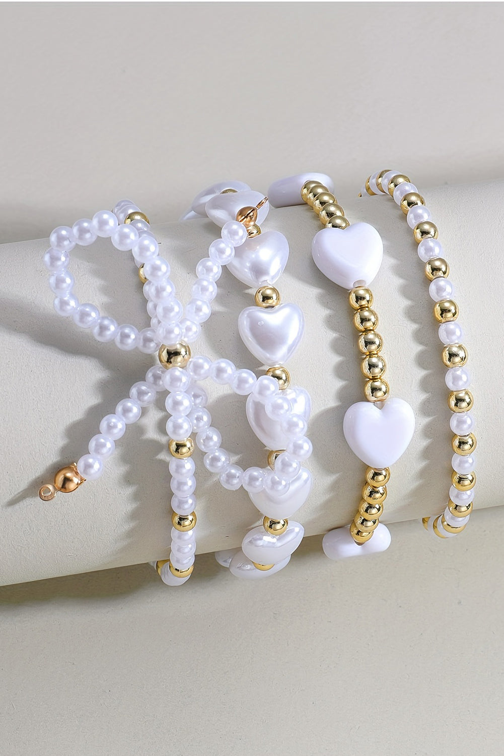 White Bowknot Heart Pearl Beaded Bracelet Set Bracelets - Tophatter Daily Deals