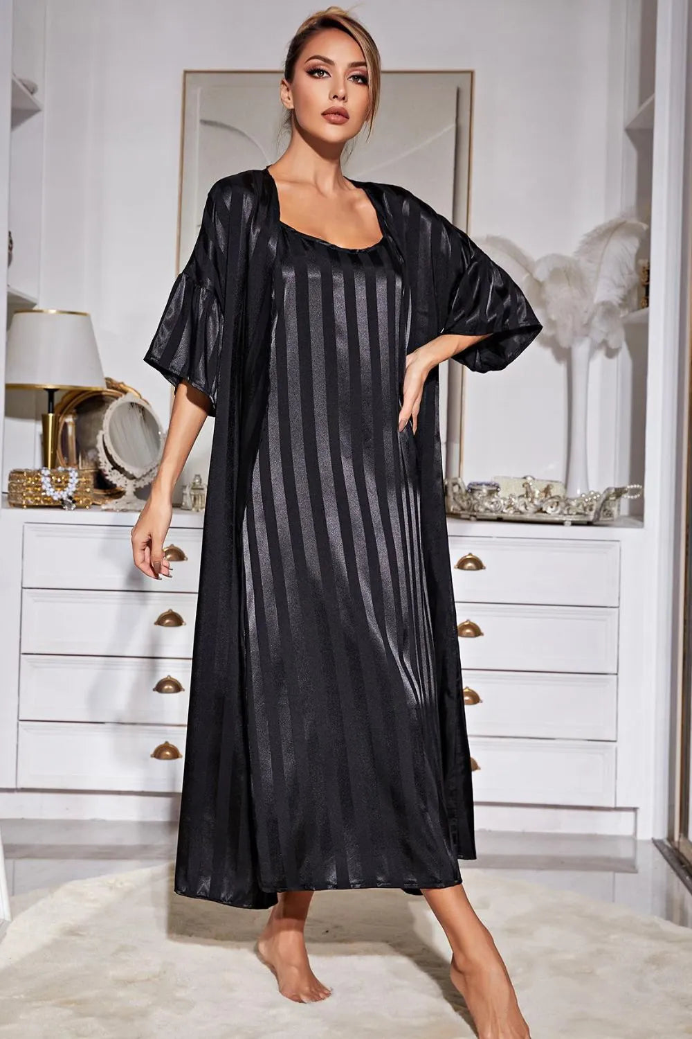 Striped Flounce Sleeve Open Front Robe and Cami Dress Set Loungewear Sets - Tophatter Daily Deals