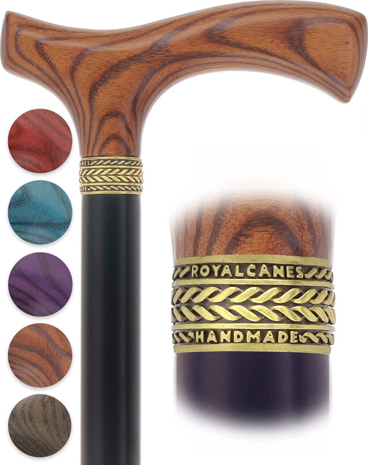 Royal Canes Classic Fritz: Wood-Stained, Pewter Collar (Standard & Slim Profiles) Fritz Handle Walking Canes - Tophatter Daily Deals